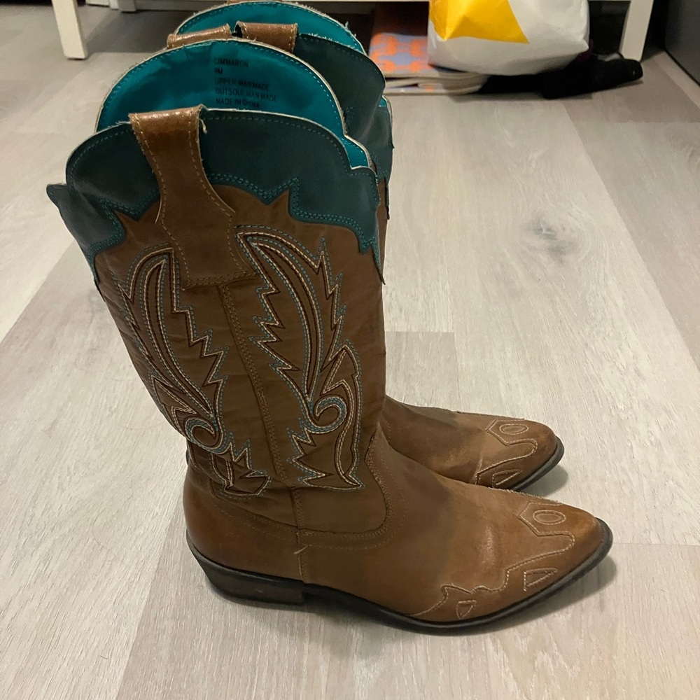 Brown and turquoise cowboy boots
